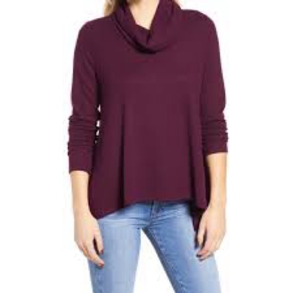 1.State Womens Brushed Cowl Neck Long Sleeve Sweater in Deep Plum XS